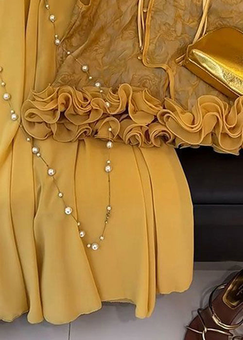 Chinese Style Yellow Ruffled Silk Two Pieces Set Summer