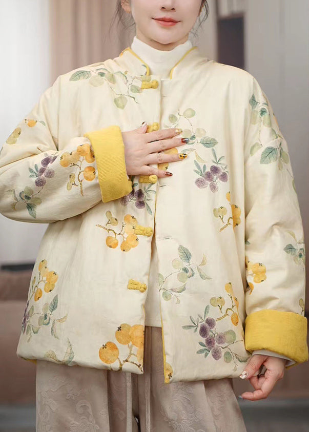 Chinese Style Yellow Stand Collar Button Print Cotton Filled Parkas Winter