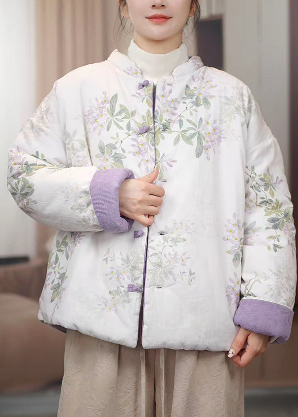 Chinese Style Yellow Stand Collar Button Print Cotton Filled Parkas Winter