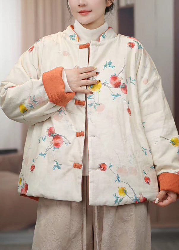 Chinese Style Yellow Stand Collar Button Print Cotton Filled Parkas Winter