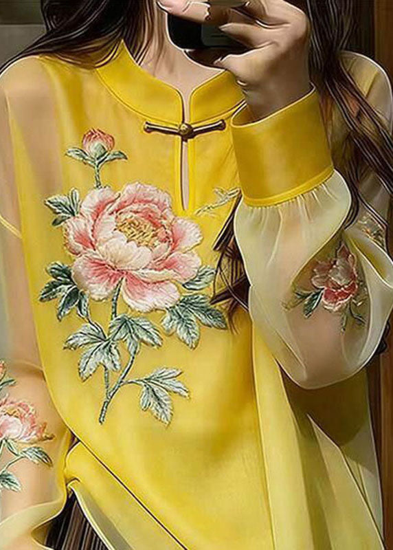 Chinese Style Yellow Stand Collar Button Silk Top Fall