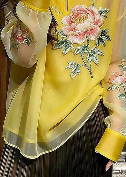 Chinese Style Yellow Stand Collar Button Silk Top Fall