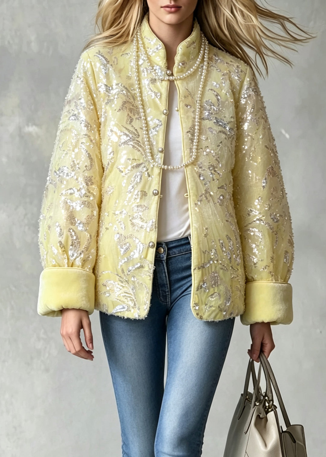 Chinese Style Yellow Stand Collar Sequins Fine Cotton Filled Jackets Winter