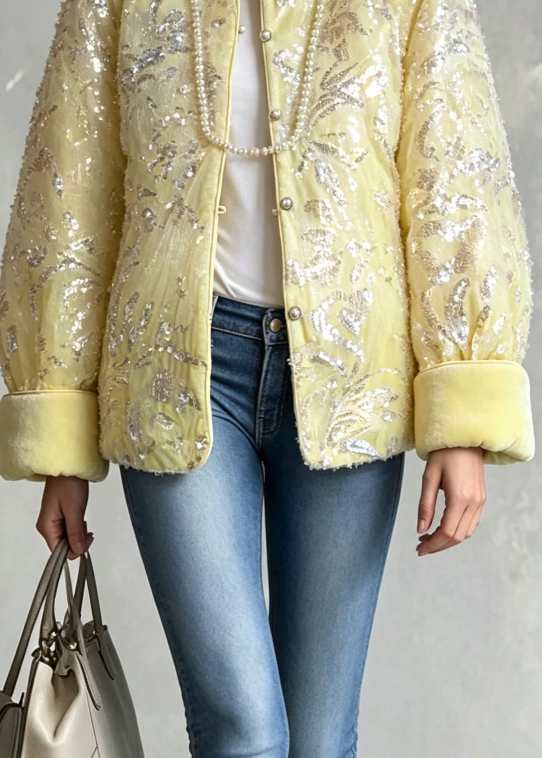 Chinese Style Yellow Stand Collar Sequins Fine Cotton Filled Jackets Winter