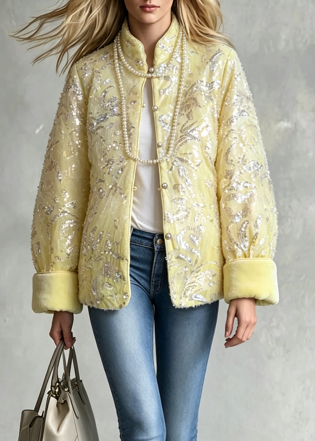 Chinese Style Yellow Stand Collar Sequins Fine Cotton Filled Jackets Winter