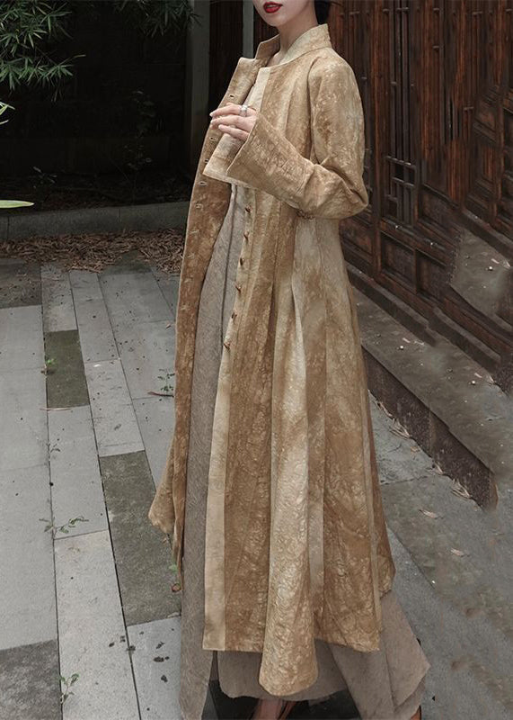 Chinese Style Yellow Stand Collar Tie Dye Maxi Coats Fall