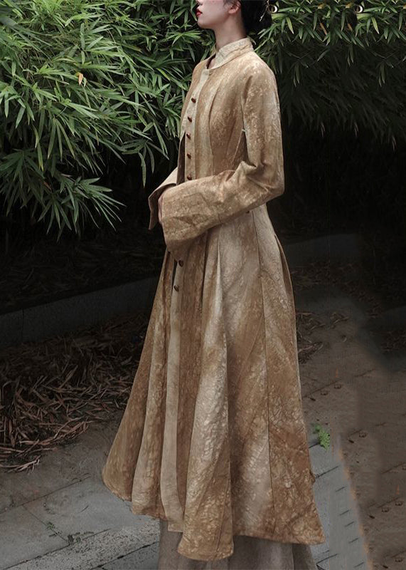 Chinese Style Yellow Stand Collar Tie Dye Maxi Coats Fall