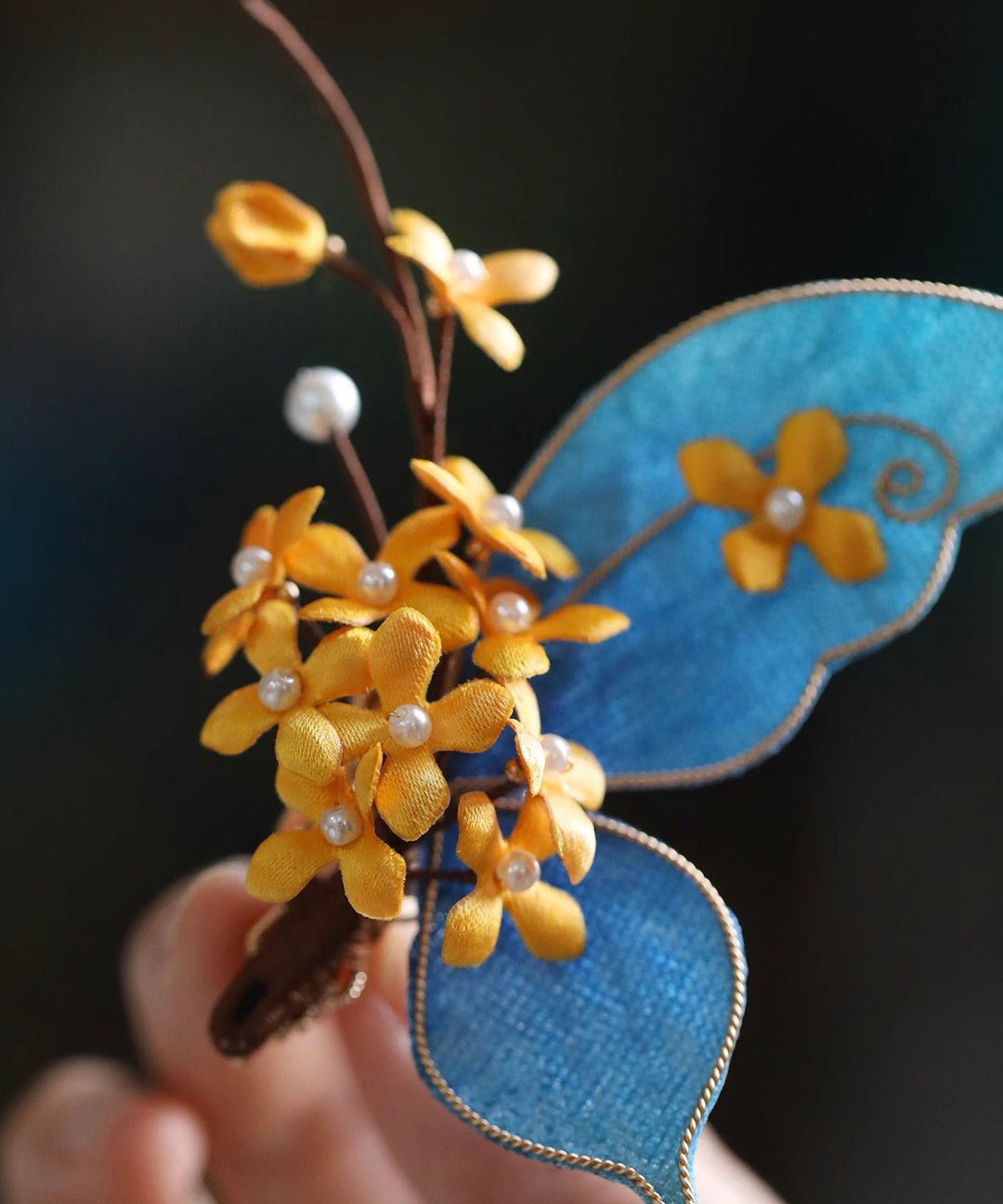 Chinese Style Yellow Sterling Silver Overgild Butterfly Osmanthus Hairpin