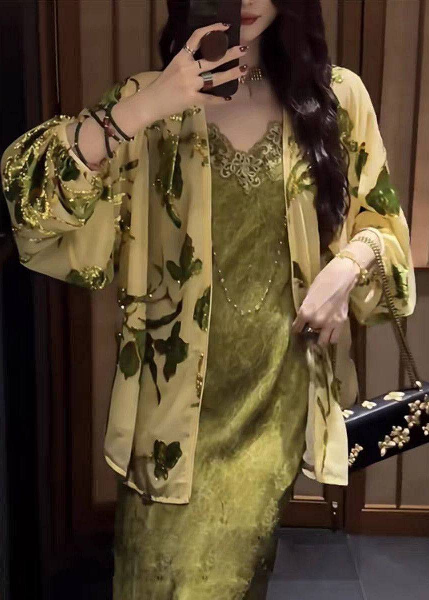Chinese Style Yellow V Neck Print Silk Velvet Cardigans Long Sleeve