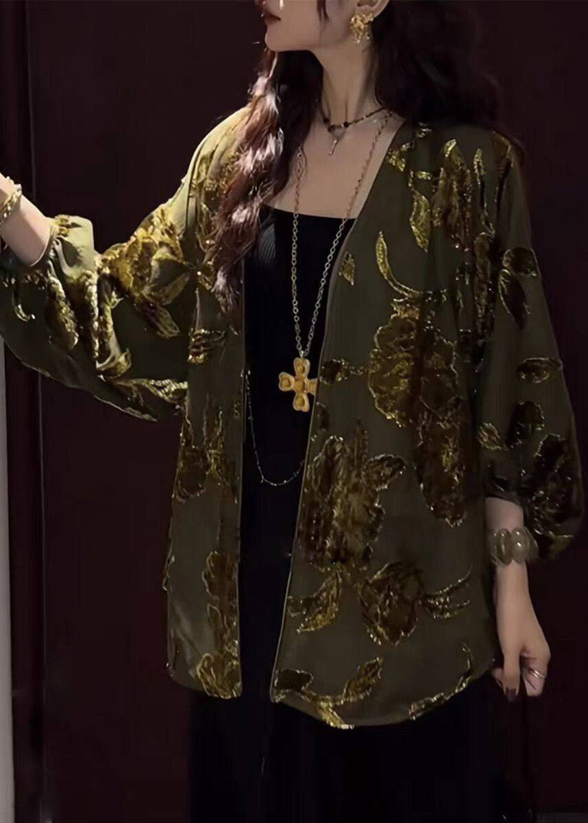 Chinese Style Yellow V Neck Print Silk Velvet Cardigans Long Sleeve