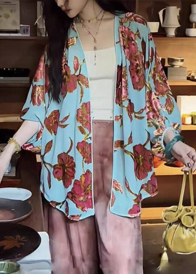 Chinese Style Yellow V Neck Print Silk Velvet Cardigans Long Sleeve