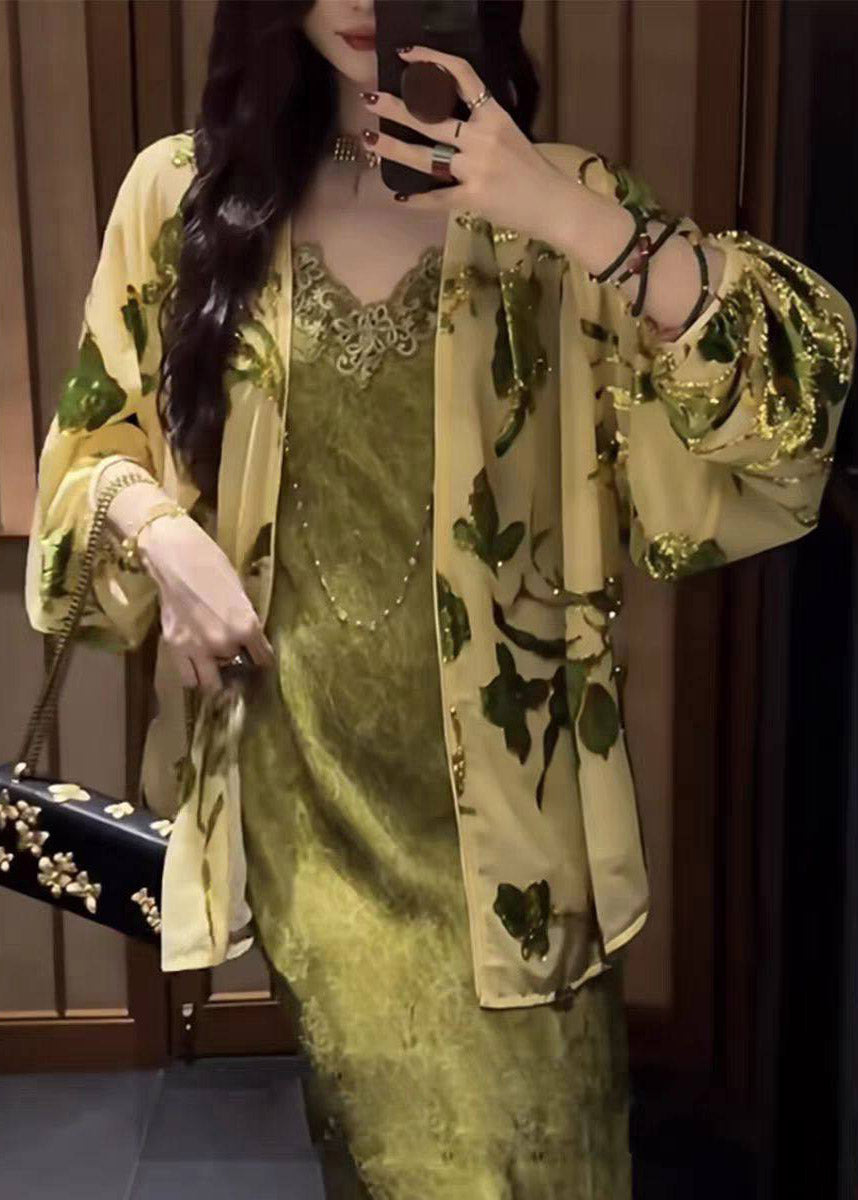 Chinese Style Yellow V Neck Print Silk Velvet Cardigans Long Sleeve