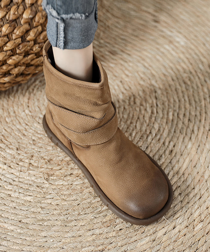Chocolate Cowhide Leather Comfy Buckle Strap Splicing Boots