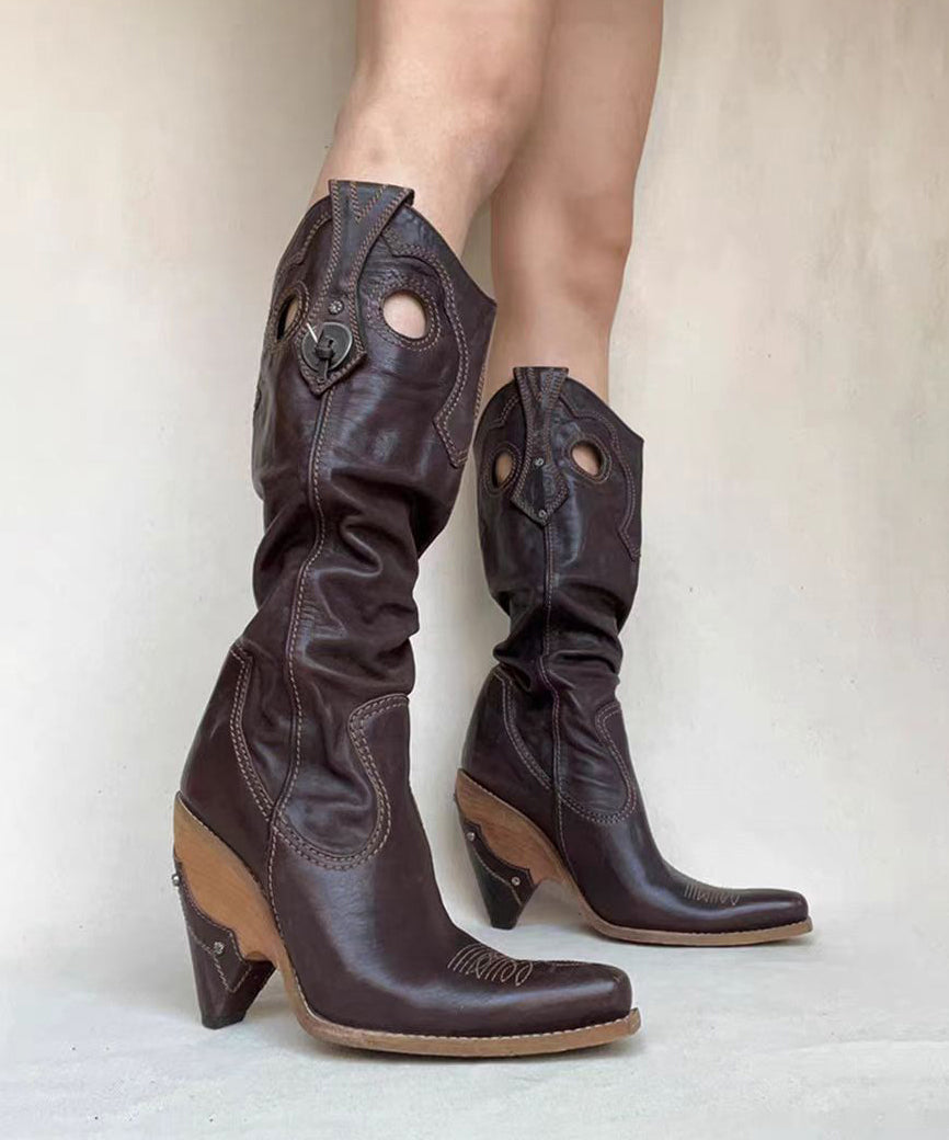 Chocolate Cowhide Leather Embroidered Splicing Cowboy Boots