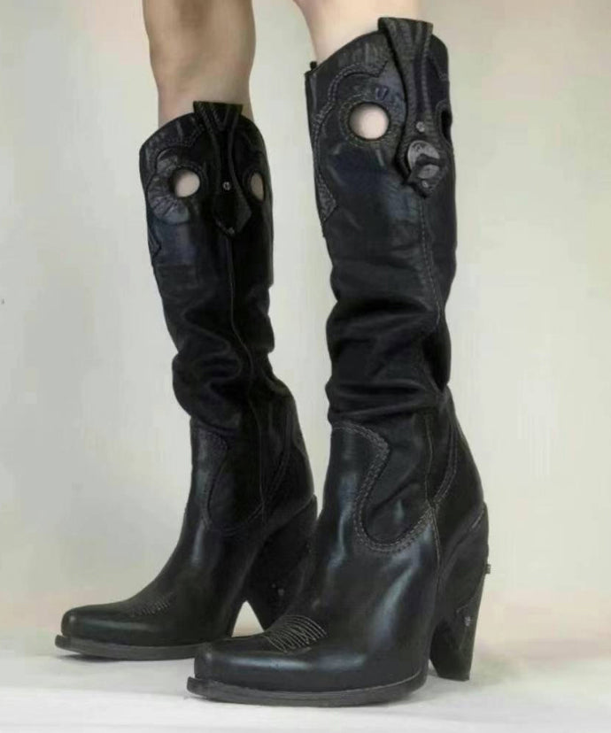 Chocolate Cowhide Leather Embroidered Splicing Cowboy Boots