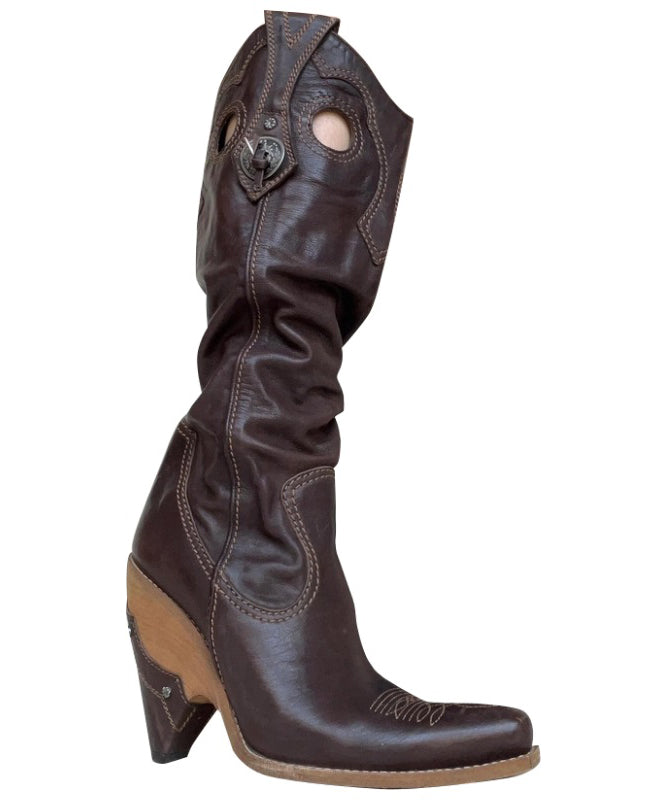 Chocolate Cowhide Leather Embroidered Splicing Cowboy Boots