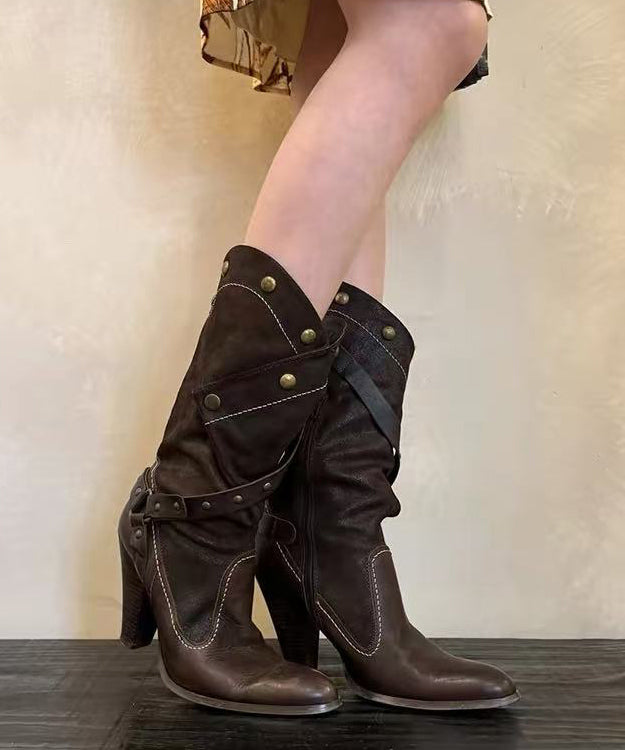 Chocolate Cowhide Leather Fashion Splicing High Heel Boots