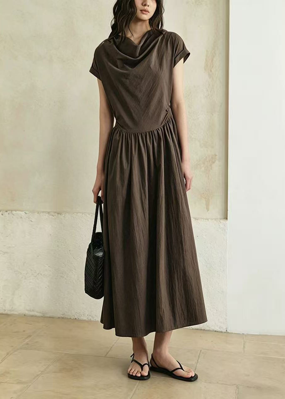 Chocolate Cowl Neck Wrinkled Cotton Dress Short Sleeve