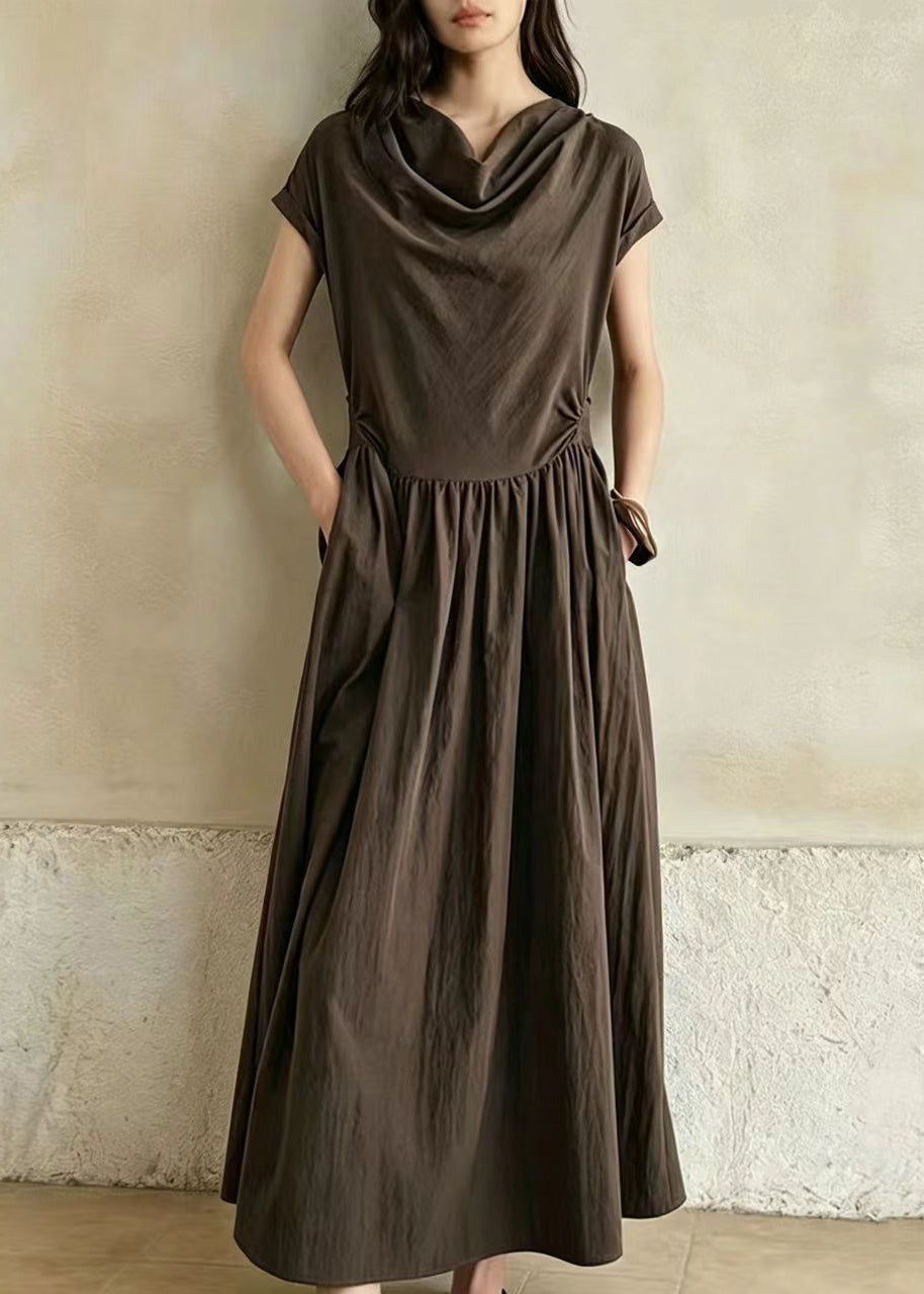 Chocolate Cowl Neck Wrinkled Cotton Dress Short Sleeve