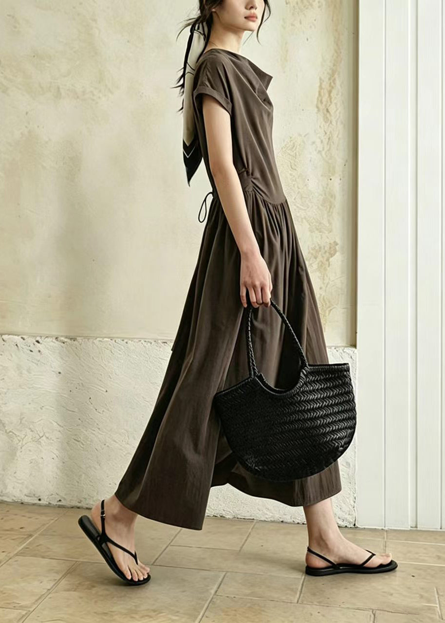 Chocolate Cowl Neck Wrinkled Cotton Dress Short Sleeve