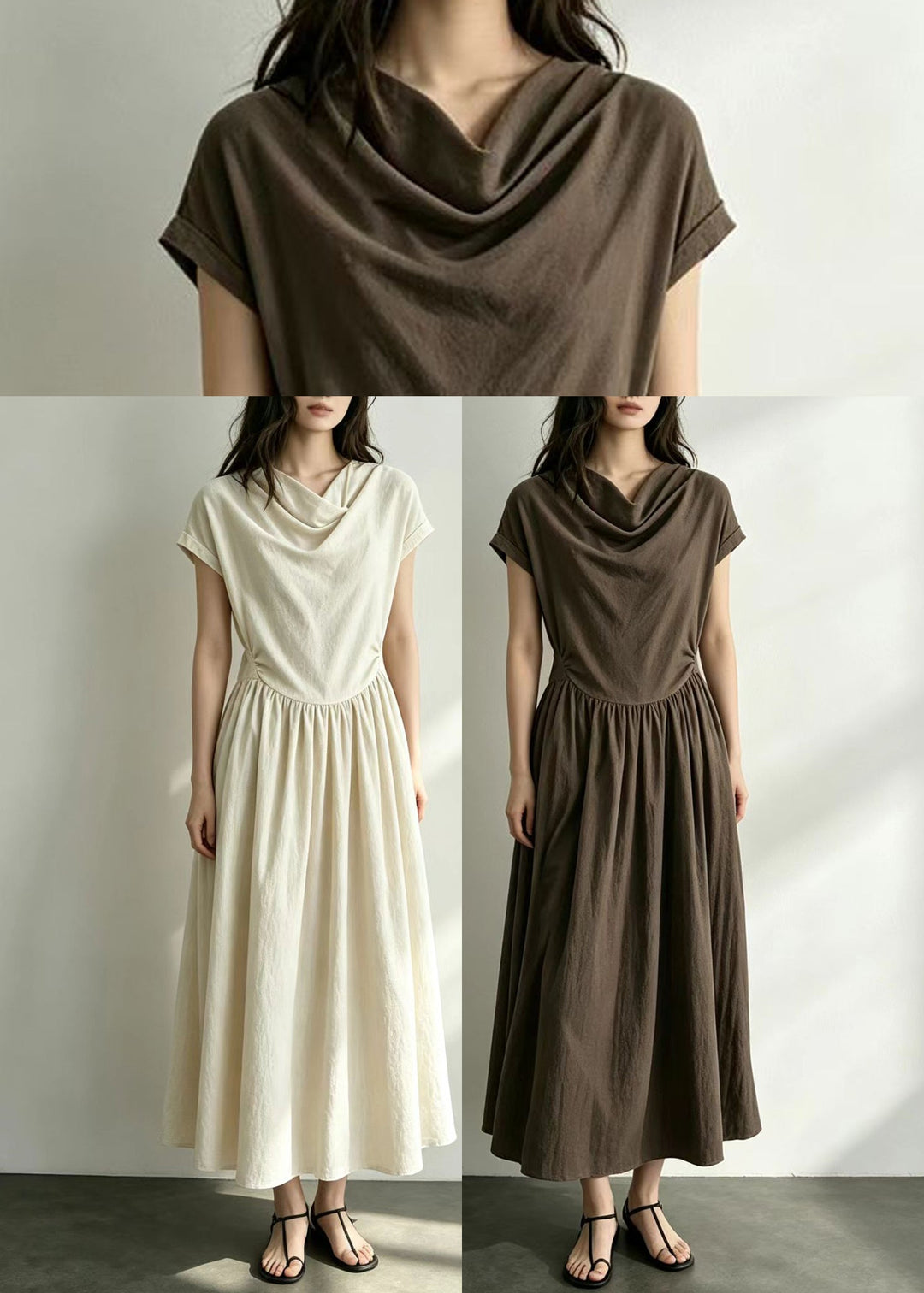 Chocolate Cowl Neck Wrinkled Cotton Dress Short Sleeve