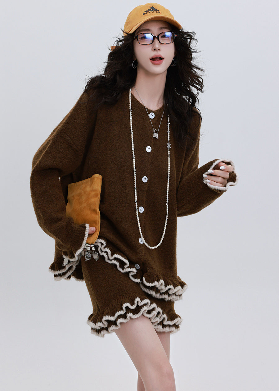 Chocolate Cozy Knit Cardigan And Skirt Two Pieces Set Ruffled Winter