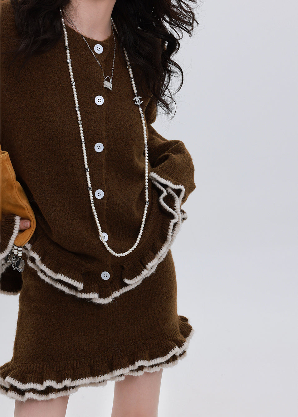 Chocolate Cozy Knit Cardigan And Skirt Two Pieces Set Ruffled Winter