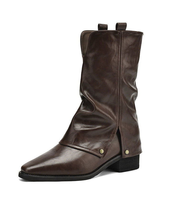 Chocolate Faux Leather Boots Pointed Toe Boots