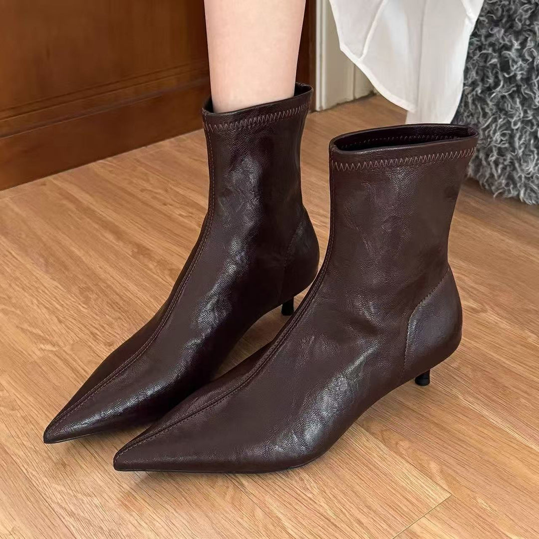 Chocolate High Heel Faux Leather Women Splicing Boots Pointed Toe