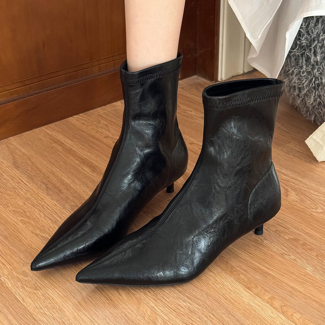 Chocolate High Heel Faux Leather Women Splicing Boots Pointed Toe