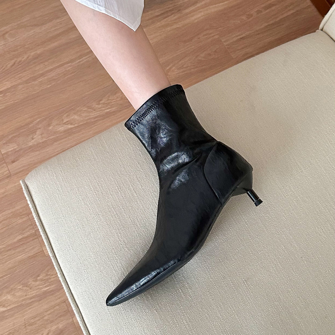 Chocolate High Heel Faux Leather Women Splicing Boots Pointed Toe