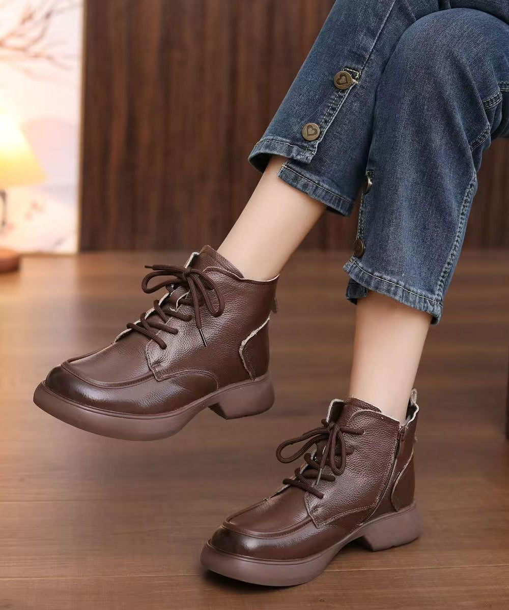 Chocolate Lace Up Cowhide Leather Ankle Boots