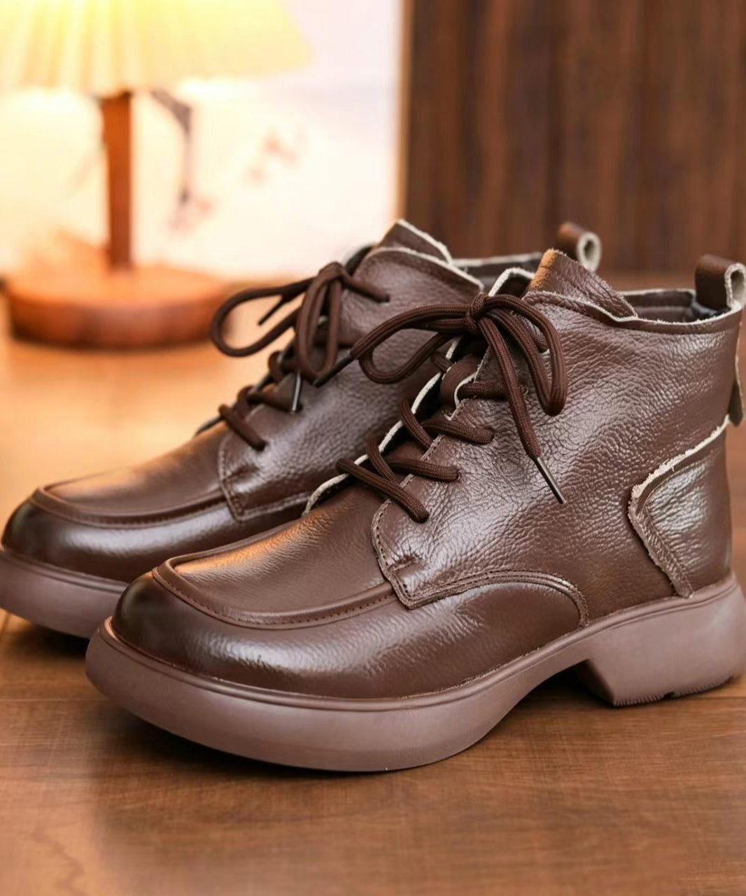 Chocolate Lace Up Cowhide Leather Ankle Boots