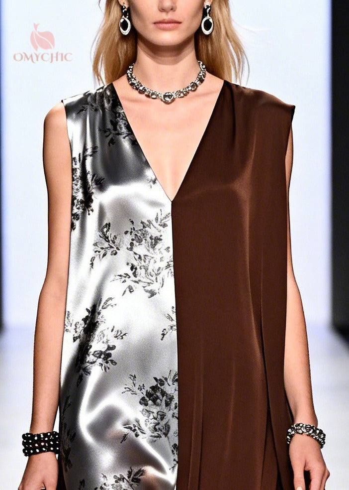 Chocolate Patchwork Chiffon Long Dress Asymmetrical Design Summer
