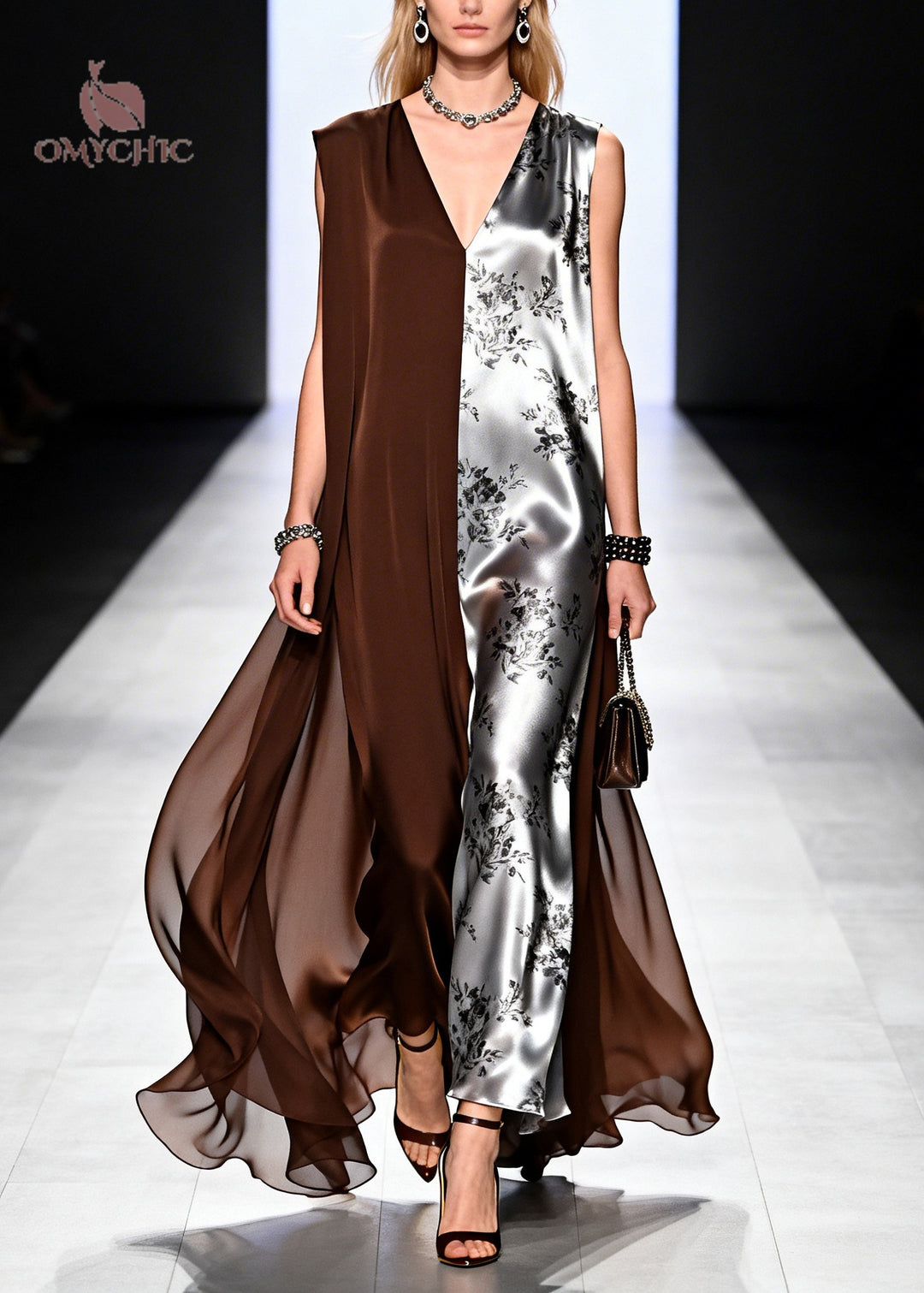 Chocolate Patchwork Chiffon Long Dress Asymmetrical Design Summer