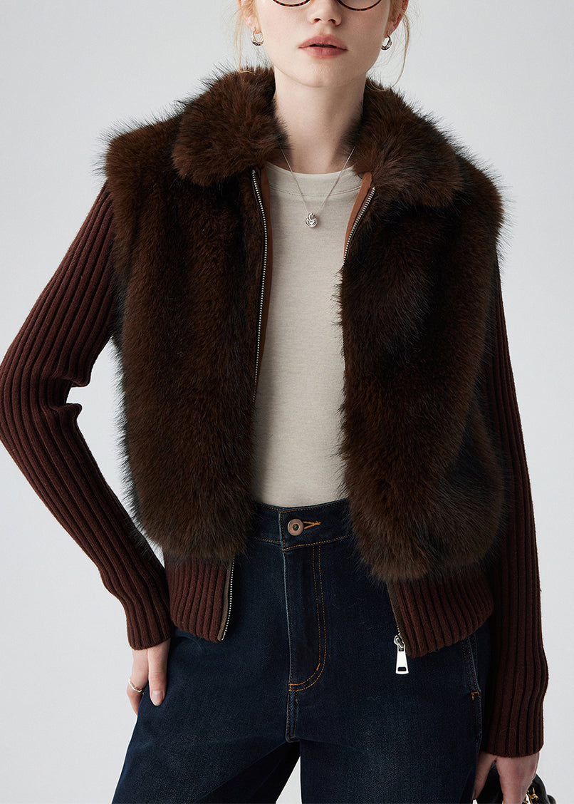 Chocolate Patchwork Faux Fur Knit Coats Fake Two Piece Winter