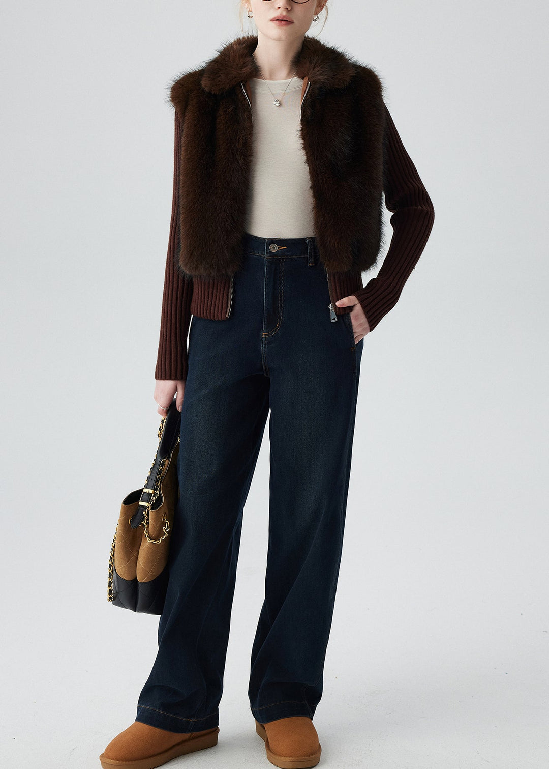 Chocolate Patchwork Faux Fur Knit Coats Fake Two Piece Winter