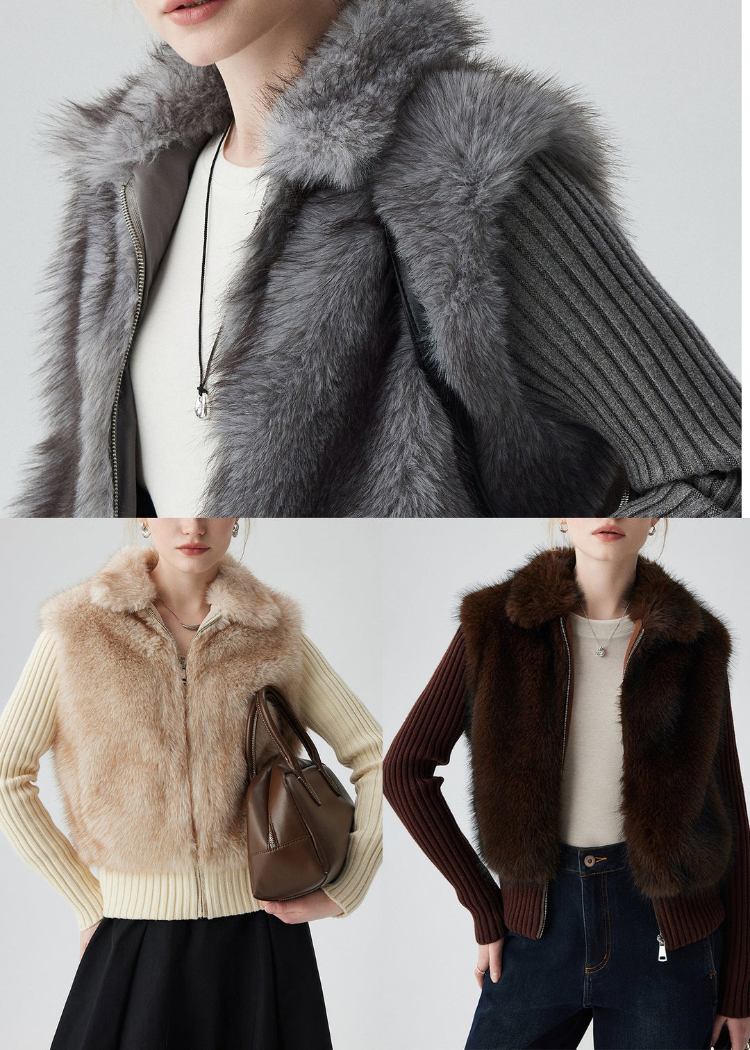 Chocolate Patchwork Faux Fur Knit Coats Fake Two Piece Winter