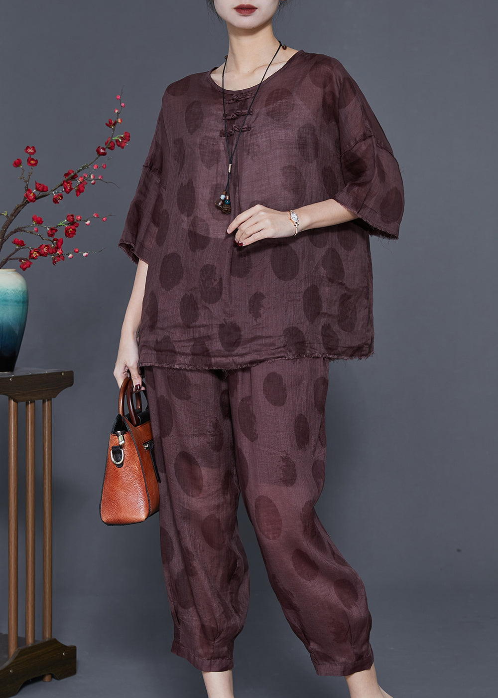 Chocolate Print Linen 2 Piece Outfit Chinese Button Summer