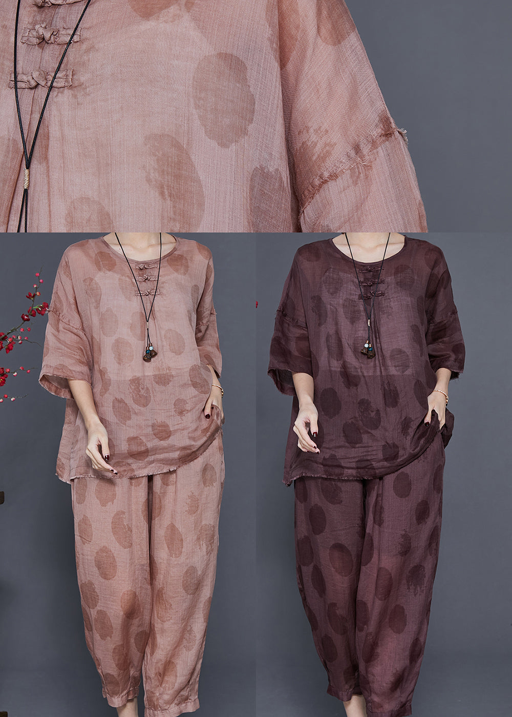 Chocolate Print Linen 2 Piece Outfit Chinese Button Summer