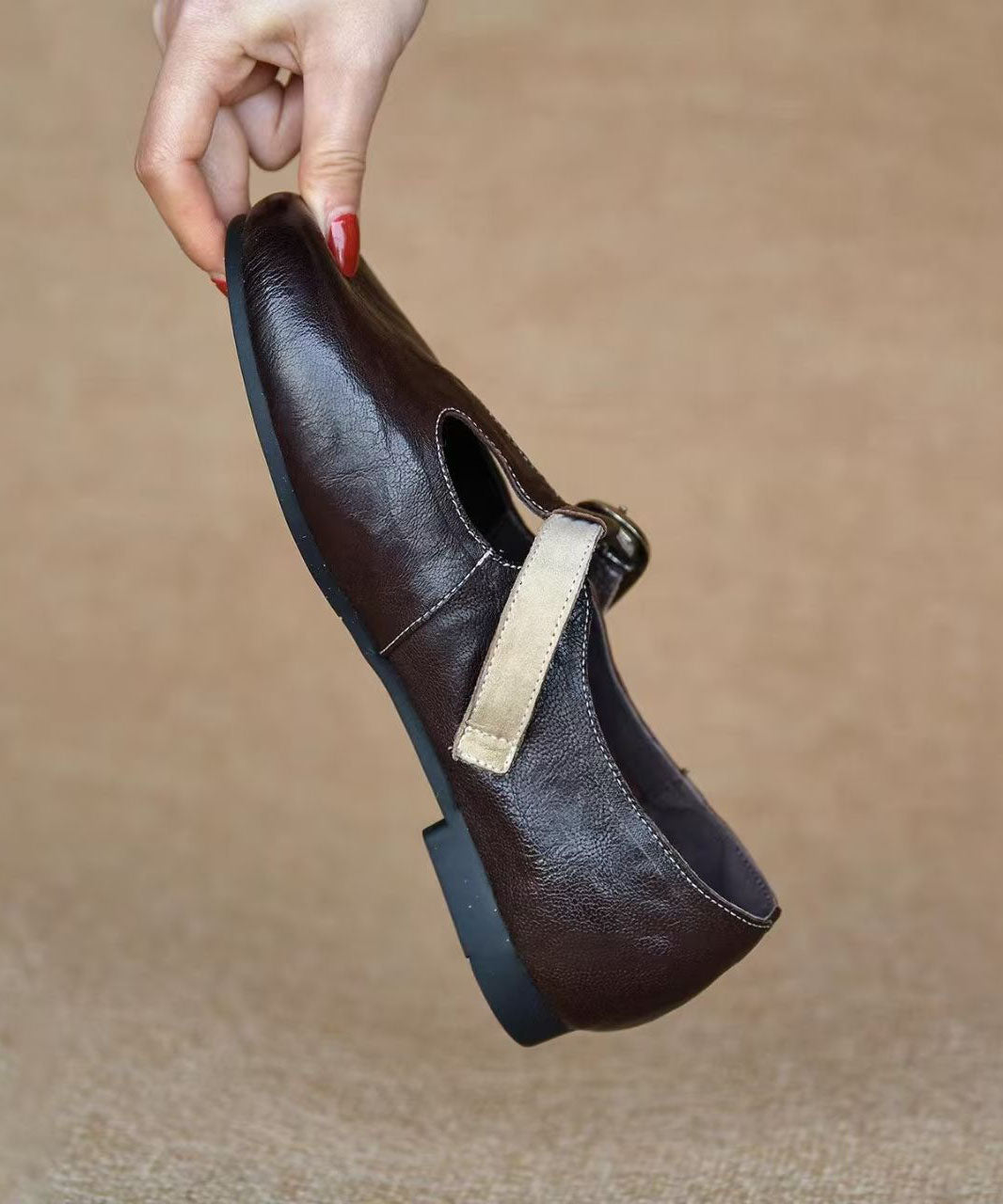 Chocolate Sheepskin Flat Shoes Splicing Buckle Strap