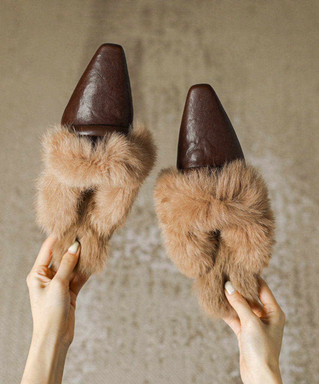 Chocolate Sheepskin Slippers Shoes Splicing Fuzzy Wool Lined