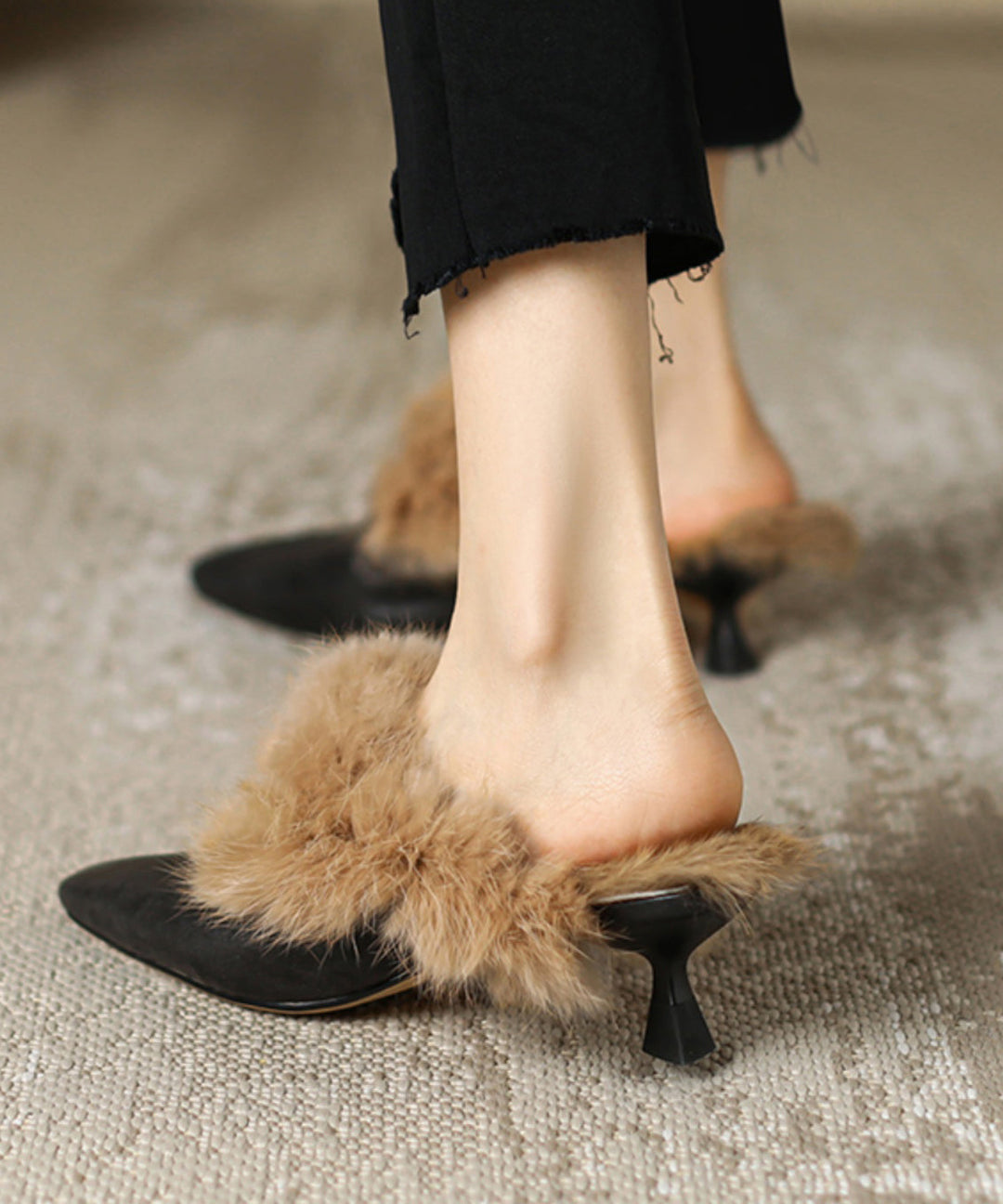 Chocolate Sheepskin Slippers Shoes Splicing Fuzzy Wool Lined