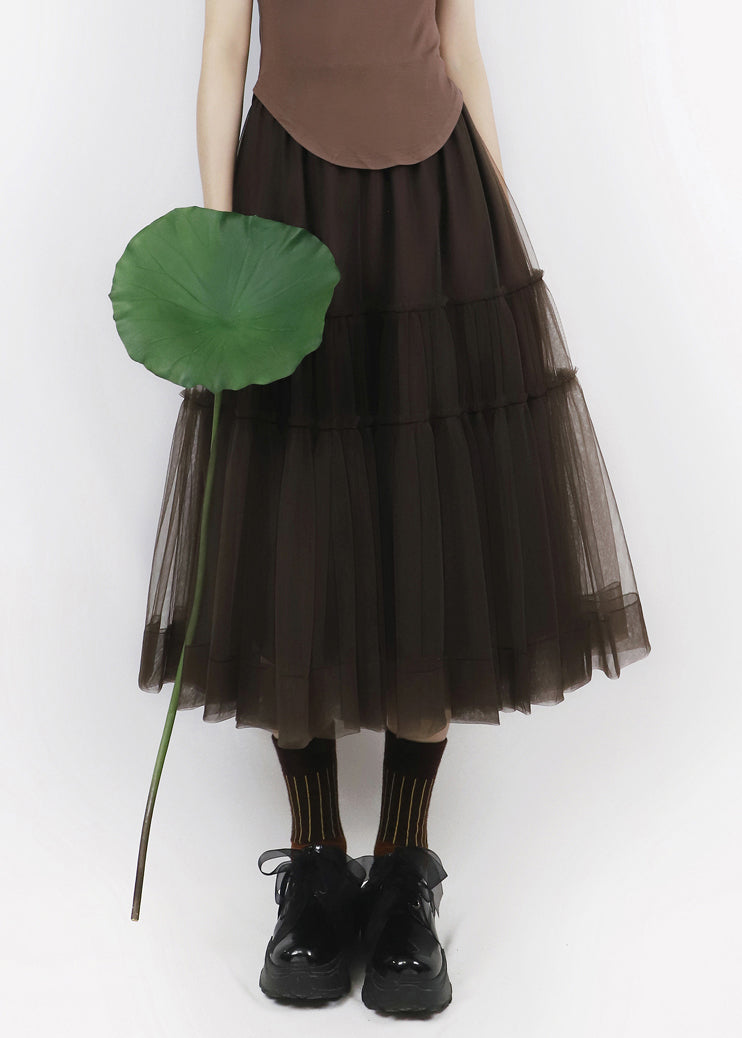 Chocolate Solid Patchwork Tulle Pleated Skirt Elastic Waist