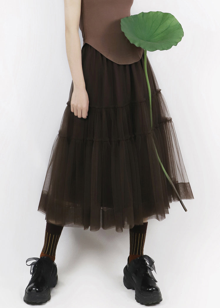 Chocolate Solid Patchwork Tulle Pleated Skirt Elastic Waist
