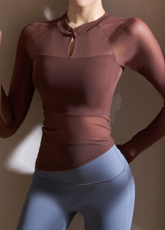 Chocolate Stand Collar Tulle Patchwork Workout Tops
