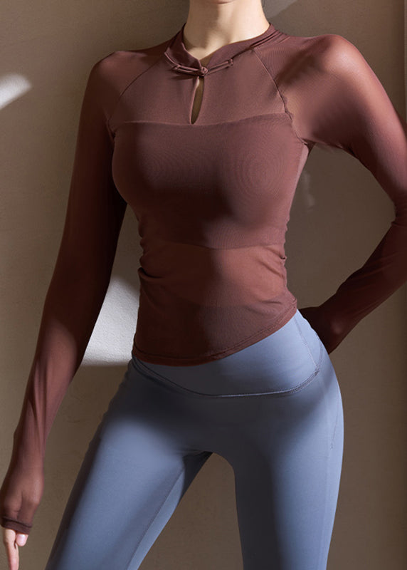 Chocolate Stand Collar Tulle Patchwork Workout Tops