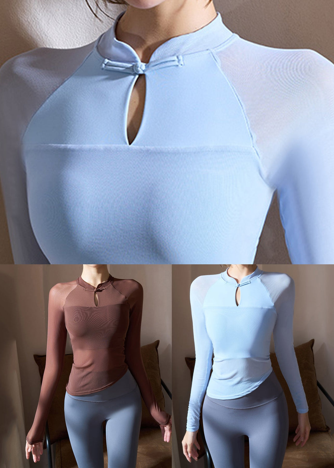 Chocolate Stand Collar Tulle Patchwork Workout Tops