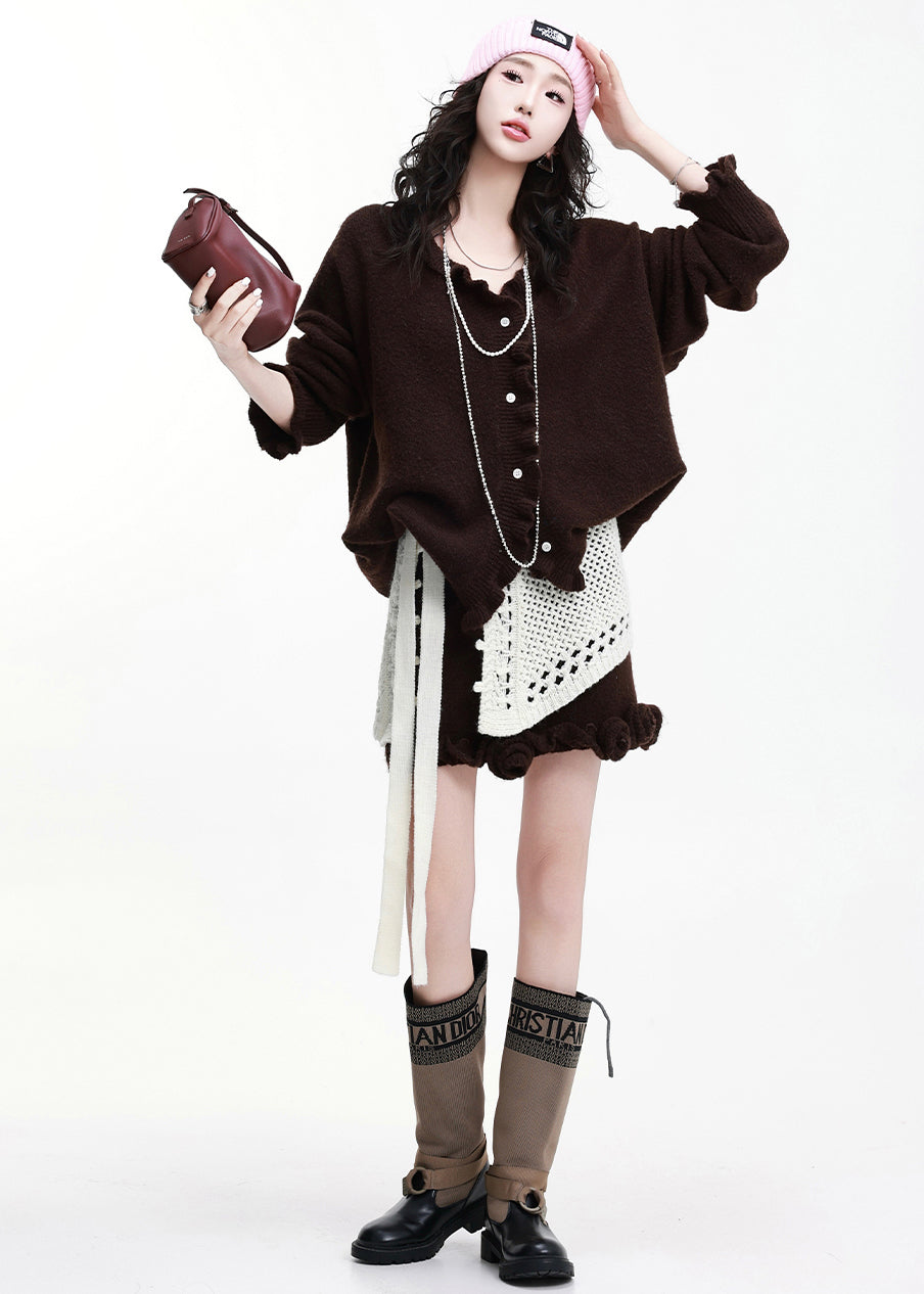 Chocolate Thick Knit Two Piece Suit Set Ruffled Flower Decorated Winter