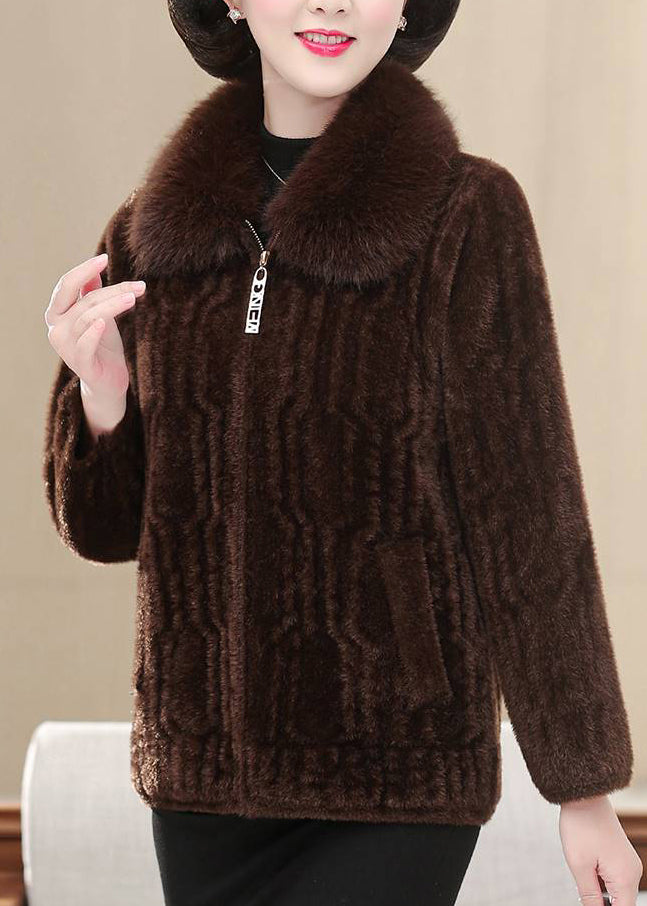 Chocolate Warm Mink Velvet Coats Fur Collar Winter